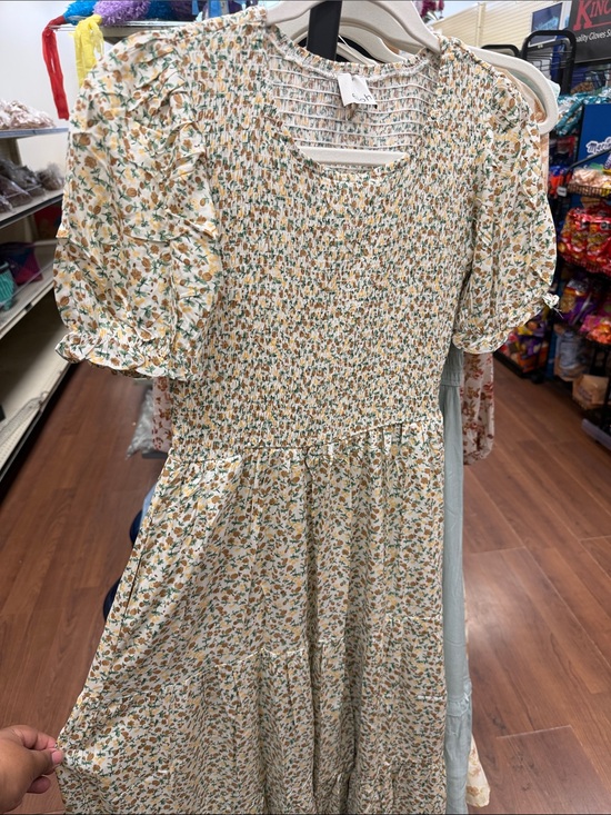 Dresses & Skirts - Girls' Floral Smocked Puff-Sleeve Dress - Cream with Green & Yellow Floral
